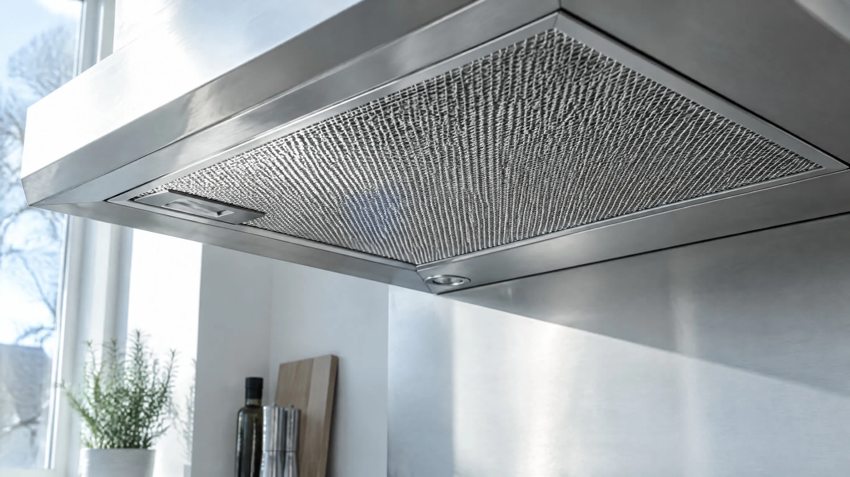 Et fedtfilter i børstet aluminium under en emhætte i stål, i skråt vinterlys (genereret billede)