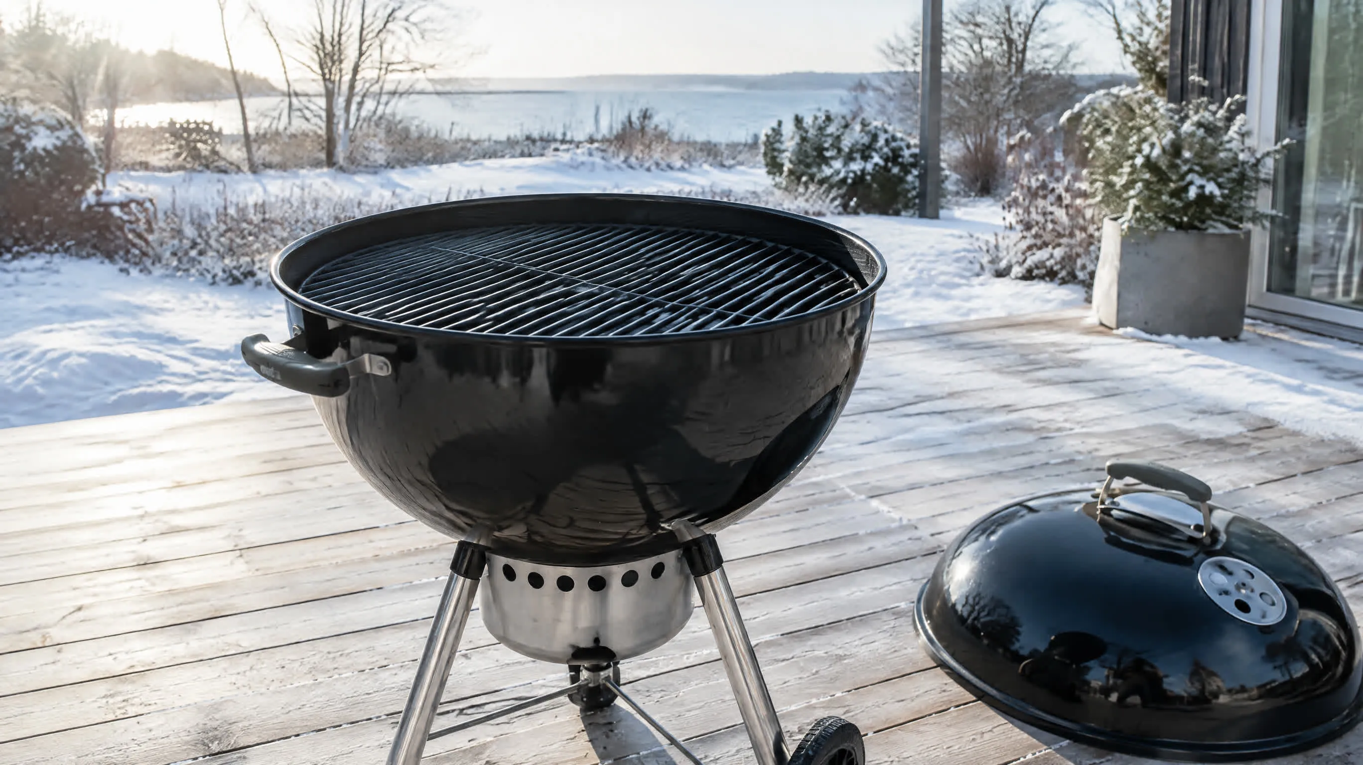 En ren og kold grillrist på en sort kuglegrill på en lys træterrasse i vintersol, låget ved siden af (genereret billede)